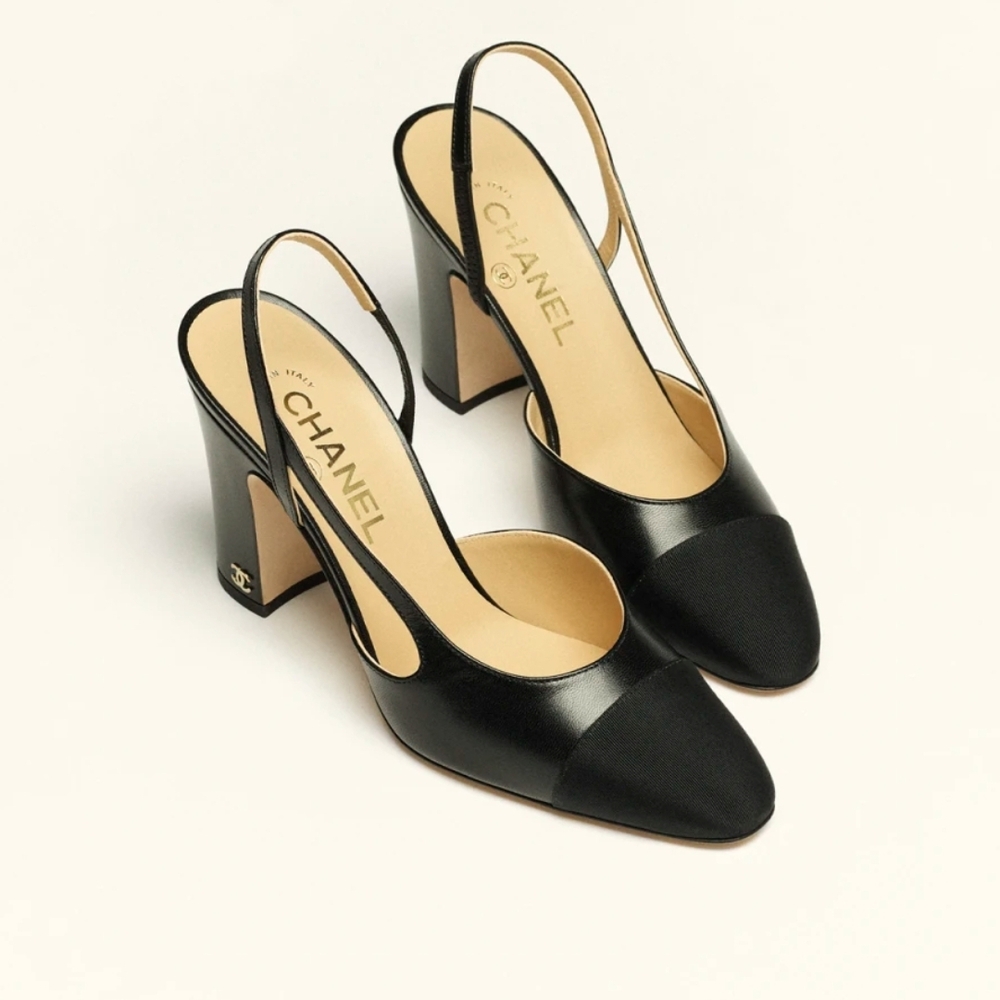 CHANEL Black Slingback Heels with Pointed Toe and Block Heel
